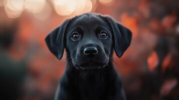 A black dog is looking at the camera photo