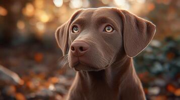 A brown dog looking up at the camera photo