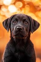 A black puppy is looking up at the camera photo