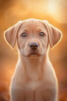 A puppy is looking up at the camera in front of a golden light photo