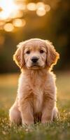 A golden retriever puppy sitting in the grass photo