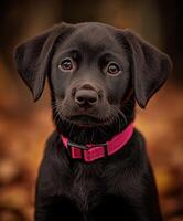 A black dog with a pink collar photo