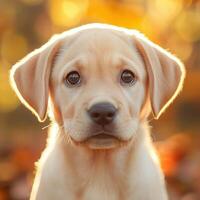 A puppy is looking at the camera in front of a background of leaves photo