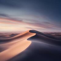 A desert landscape with sand dunes and a sunset photo