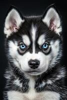 A husky puppy with blue eyes on a black background photo