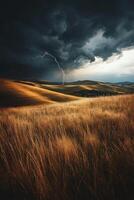 A stormy sky with a lightning bolt in the distance photo