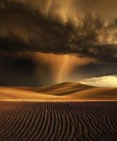 A stormy sky over a field with a lightning bolt photo