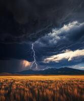 A stormy sky with lightning and a field photo