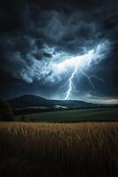 A lightning bolt strikes over a field photo
