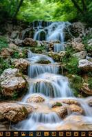 A waterfall in the woods with a green background photo