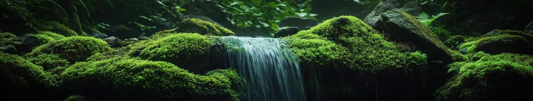 A waterfall is flowing over mossy rocks photo