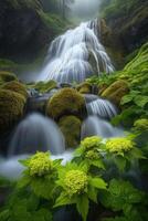 A waterfall flows through a lush green forest photo