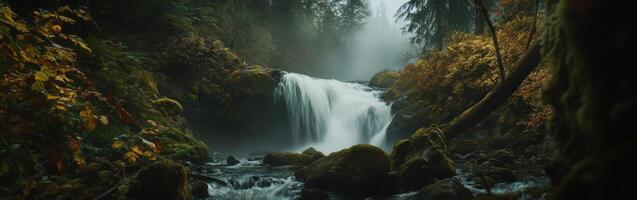 A waterfall in the forest with trees and rocks photo