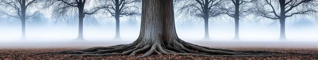 A tree with roots in the ground in a foggy forest photo