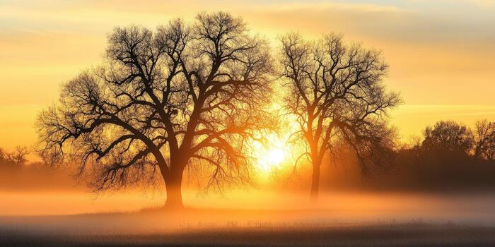 A tree is silhouetted against the sun in a foggy field photo
