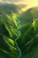 A river runs through a green valley in the mountains photo