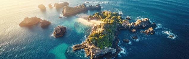 Aerial view of beautiful island with rocky coast and beach in the ocean photo