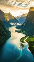 The fjord in norway at sunset photo