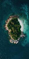 Aerial view of tropical island with white sand and palm trees in the ocean photo