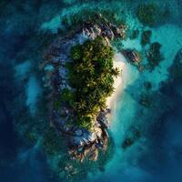 An aerial view of a tropical island with palm trees and a small beach photo