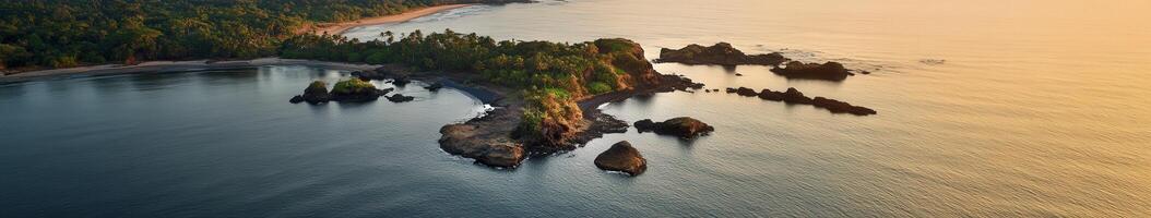 An aerial view of a rocky coastline and trees photo