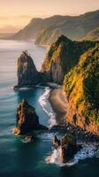 Panoramic view of the coast of the pacific ocean in the morning light, with the photo