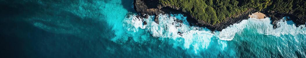An aerial view of the ocean and trees photo