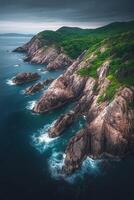 An aerial view of rocky coastline and ocean photo