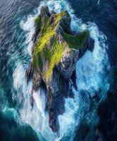 An aerial view of a green island in the ocean photo