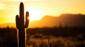 A cactus plant is silhouetted against the setting sun photo