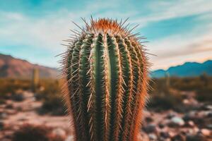 A cactus plant in the desert with mountains in the background photo