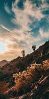 Joshua tree in the desert at sunset photo