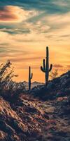 Saguaro cactus in arizona desert at sunset photo