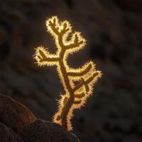A cactus plant is shown in the desert with light shining on it photo