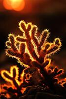 A cactus plant with bright orange light behind it photo