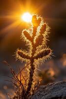 A cactus plant with the sun shining behind it photo