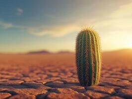 A cactus plant in the desert with the sun in the background photo