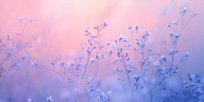 A field of blue flowers with a pink sky photo