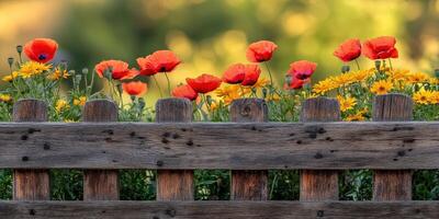 Poppies and yellow flowers are growing on a wooden fence photo