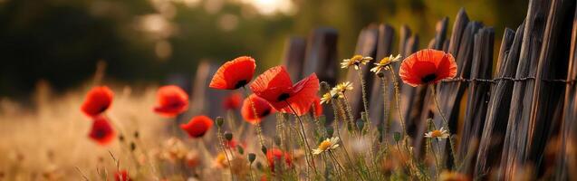 Poppies and wildflowers are in front of a fence photo