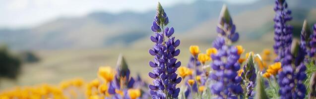 Purple flowers in a field with mountains in the background photo