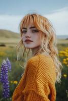 A woman with long red hair in a field of wildflowers photo