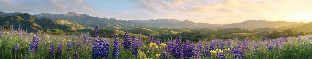 A field of wildflowers and mountains at sunset photo