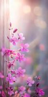Pink flowers on a wooden fence with sunlight photo