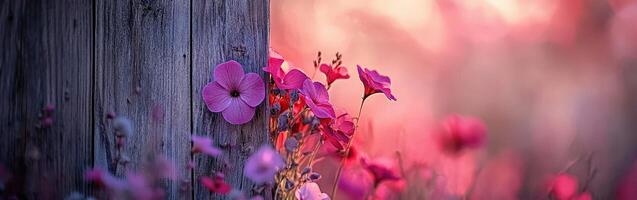 Pink flowers are growing on a wooden fence photo