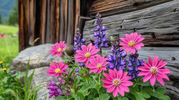 Pink flowers in front of a log cabin photo
