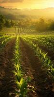 Corn field at sunset with green plants photo