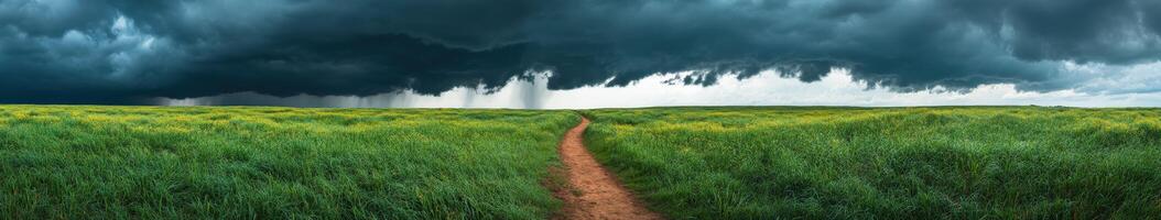 A path through a field with a storm coming in photo