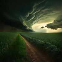 A dirt road leads to a field with a storm cloud in the background photo