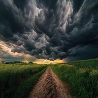 A dirt road is shown under a stormy sky photo